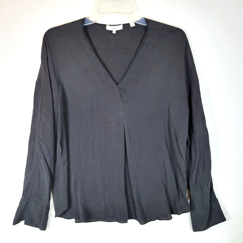 Vince Womens V-Neck Popover Blouse Top Size Small Black Pintuck Silk Casual